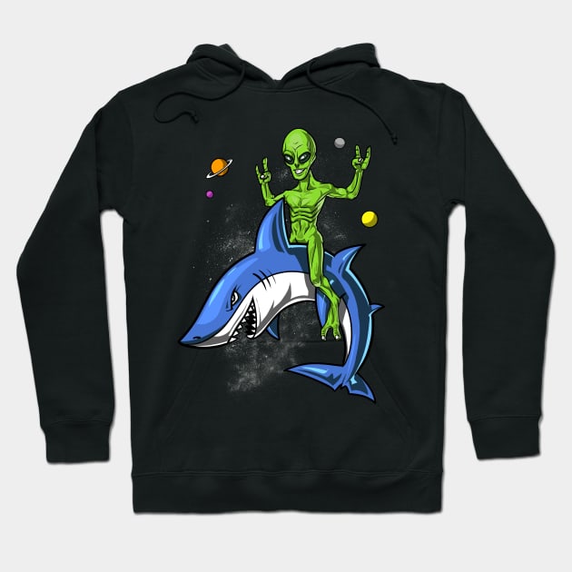 Space Alien Riding Shark Hoodie by underheaven